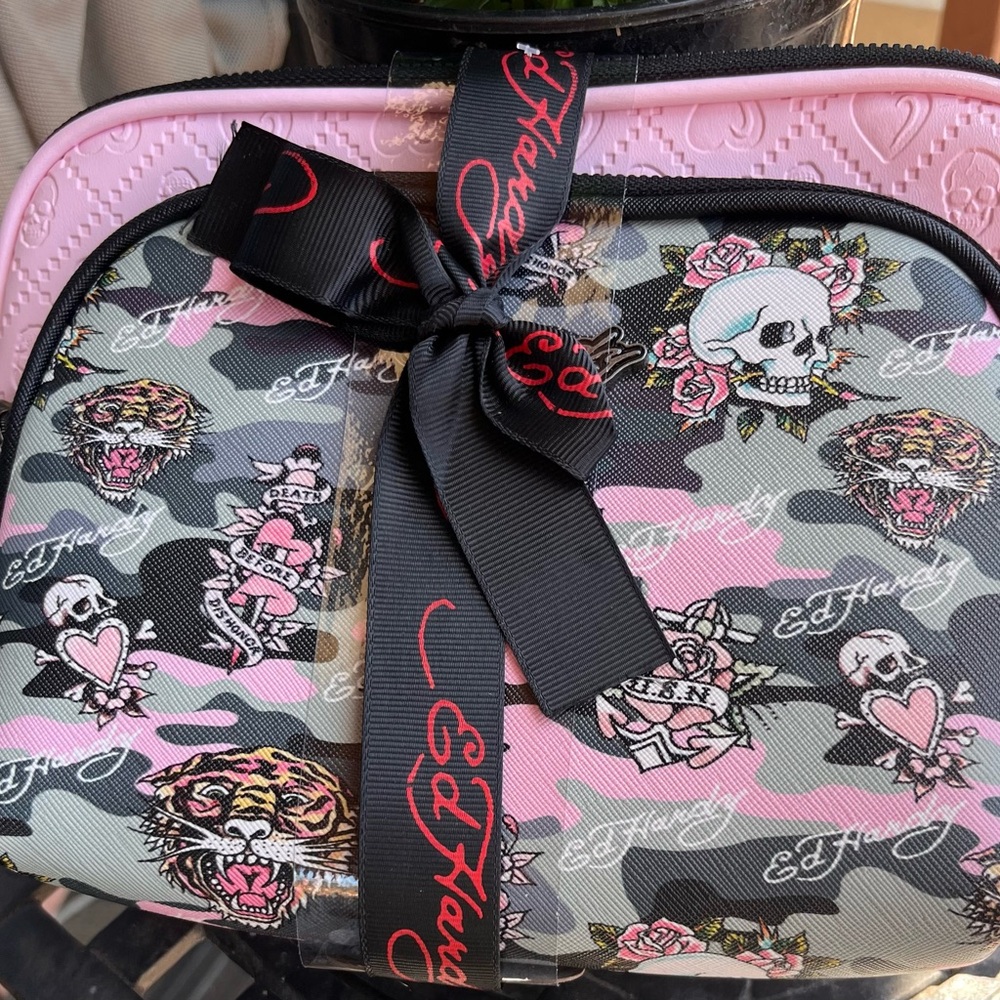Ed Hardy Pink, Black & Gray Camo Cosmetic Pouch with Bow